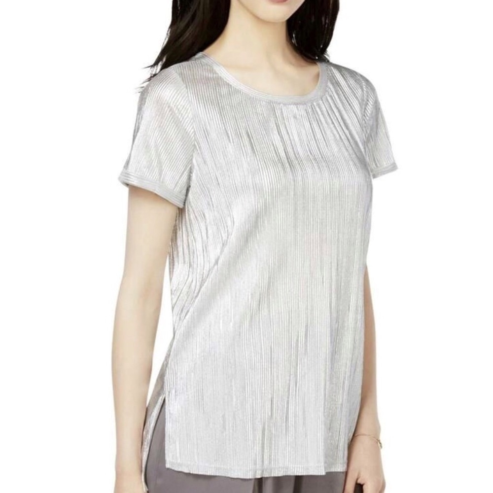 BAR III Metallic Silver Pleated Short Sleeve Blouse Top L